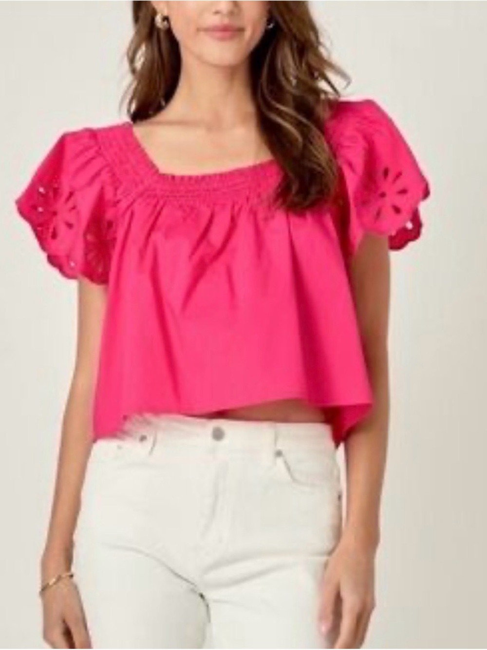 Hyacinth House Smocked Square-Neck Crop Top in Bright Pink